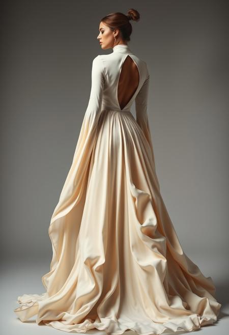 The image is a full-length portrait of a woman in a flowing cream dress. The dress features a high neck and long sleeves, with a large cutout on the back, and the fabric cascades down into a dramatic, floor-length train. The garment is crafted with waves and layers of fabric, creating a sense of movement and depth.