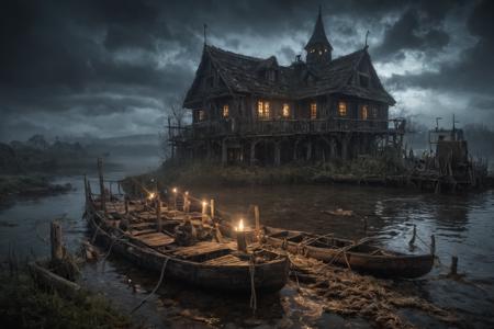 Hyperrealistic art , masterpiece,  a medieval dilapidated ferry station with a rope stretched across the river and a raft in dense fog. on each riverbank a wet landing stage where a lantern is burning. the ferryman stands on the raft and steers the raft. rainy day, dark cloud, fog rising,  gloomy, spooky atmosphere,
(darkness:4.0) , midnight,  dark, dangerous, ghostly, spooky, scary, horror, mystical, creepy,  <lora:add-detail-xl:1.8>,
 Ultra-HD-details, true to life, HDR image, High detail resolution, high detailed cloth, cinematic lighting, realistic, sharp focus, (very detailed), ((4K HQ)), depth of field, f/1.2, Leica, 8K HDR, High contrast, bokeh, realistic shadows, vignette, epic, . Extremely high-resolution details, photographic, realism pushed to extreme, fine texture, incredibly lifelike . Extremely high-resolution details, photographic, realism pushed to extreme, fine texture, incredibly lifelike