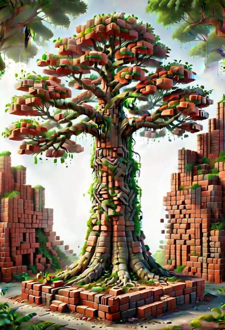 tree growing bricks. Ultra High Definition 64K, Detailed and Intricate, Digital Art, Photo, Realistic, Cinematic, Studio Lighting, Beautiful Lighting, landscape view