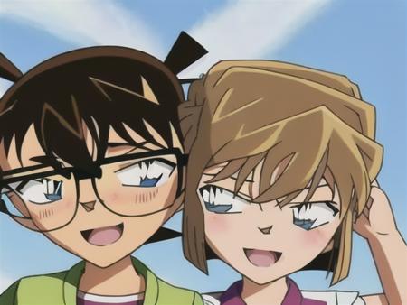 <conanAndhaibara>, 1girl, brown hair, 1boy, blue eyes, black-framed eyewear, glasses, short hair, white background, shirt, simple background, open mouth, blue jacket, jacket, bangs, hair between eyes, blush, green shirt, female child, male child, earphones, smile, sweatdrop, child