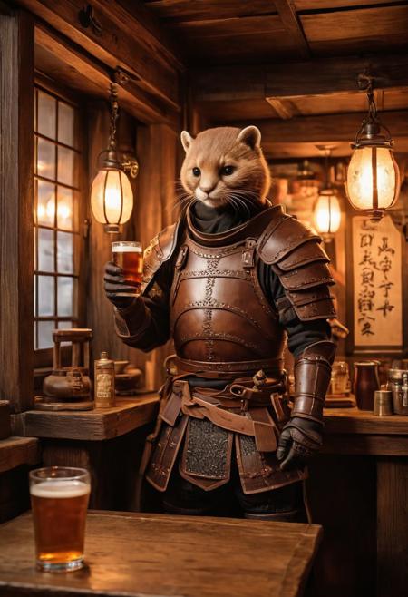 fantasy anthropomorphic a (sable) (light brown-marten) (warrior: 1.19) (brown-leather armor) in dark japanese-tavern holding a pint of ale in a cozy environment with gas lamps oriental japanese-woodworking warm brick fireplace and (paper windows) (japanese-style-architecture)