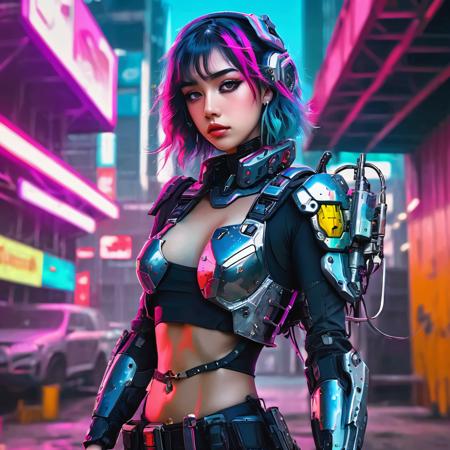 cowboy shot of vixx with colorful paint on her hair, in front of her exoskeleton combat tank, in the style of cyberpunk manga, bold color palette, gothcore, charming characters, dc comics, hd, pop-culture-infused, detailed, realistic, 8k uhd, high quality