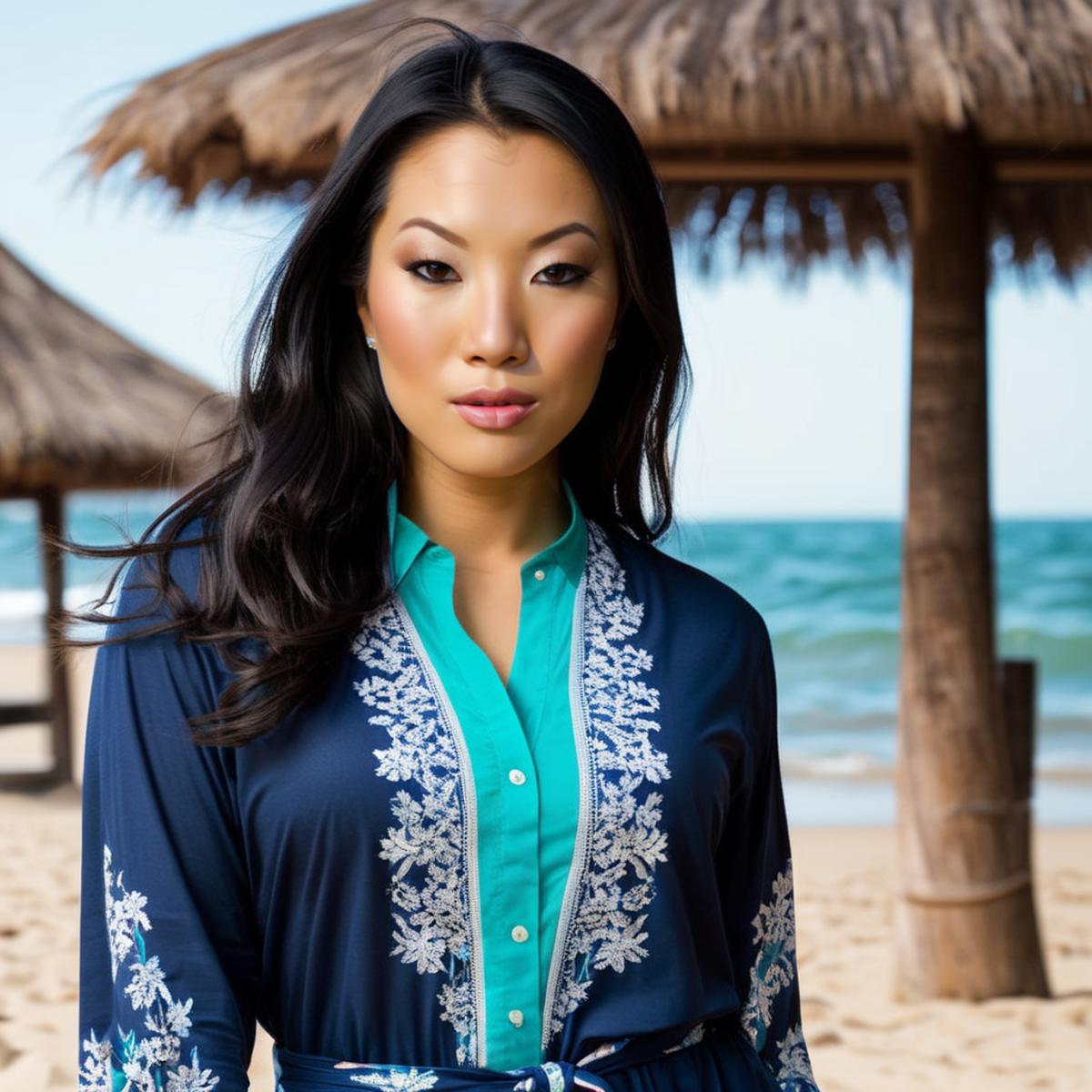 A beautiful woman in a blue flowery dress posing on the beach.