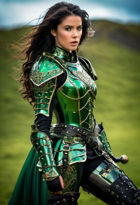 (Best Quality), ((Photo Realistic)), (Full body portrait), ((Professional photography)), Twenty years old, Irish warrior Queen, wavy, black hair, intricate armored battle dress, thigh high boots, ((intense metal reflections)), outdoors, green armor and leather, professional lighting, blurry background