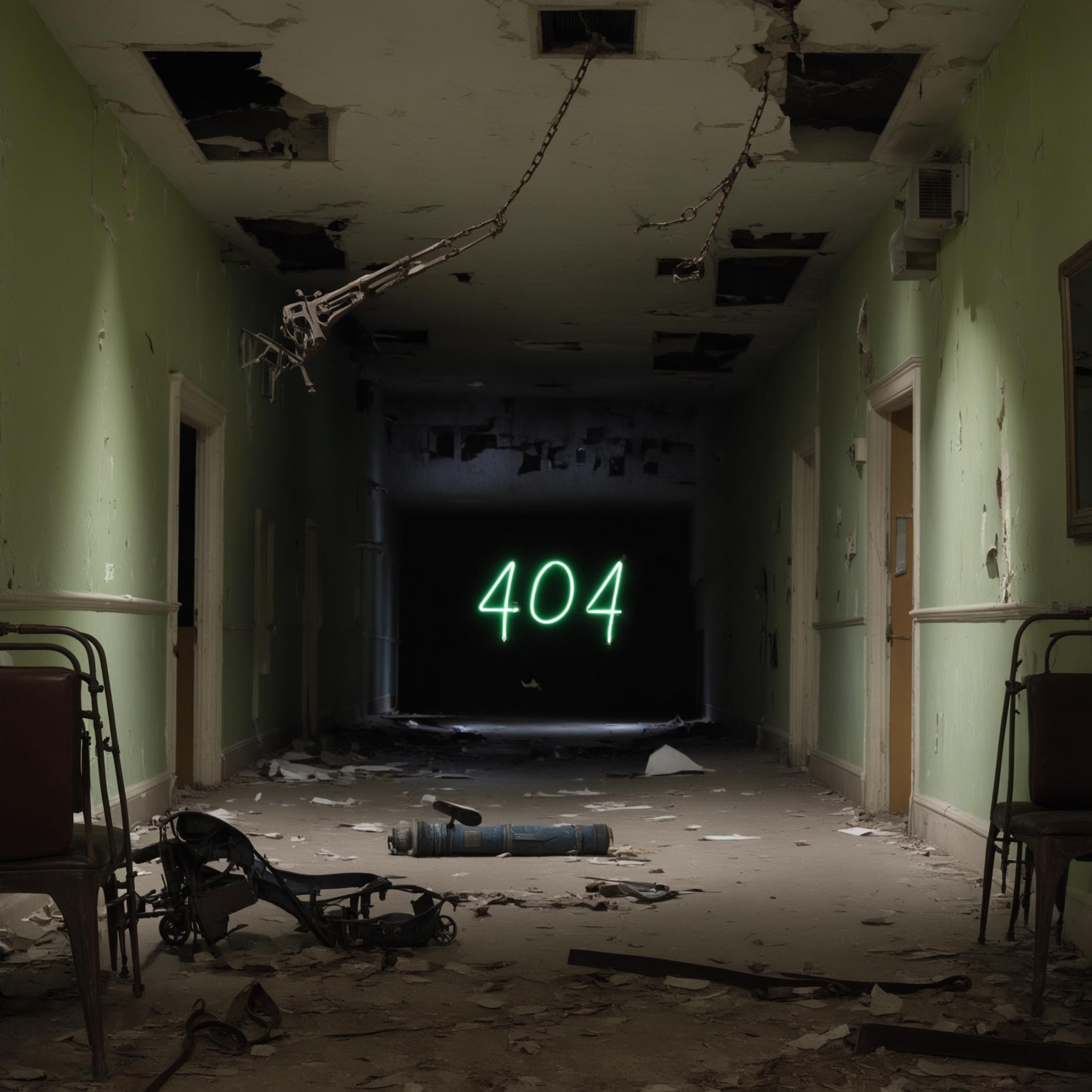 Abandoned hallway with a 404 sign and a bicycle.