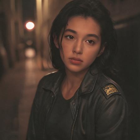 Portrait of natlp as a beautiful female model, georgia fowler, beautiful face, with short dark brown hair, in cyberpunk city at night. She is wearing a leather jacket, black jeans, dramatic lighting, (police badge:1.2),suzuki