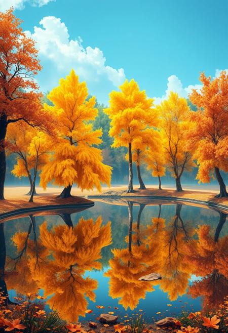 Stunning detail reflection of golden and orange katsura trees around a natural round lake, autumn, realistic, wide shot, art style of Studio Ghibli, magical, whimsical atmosphere, vibrant colors, beautifully lit, serene landscape