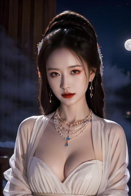 masterpiece, best quality, realistic, 8k, official art, guofeng, 1girl, moon, necklace, solo, night, forehead mark, bracelet, upper body, realistic, looking at viewer, black hair, <lora:guofeng_02:0.8>