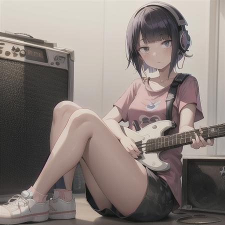 kyoka jiro, 1girl, solo, looking at viewer, blush, short hair, bangs, shirt, black hair, sitting, collarbone, short sleeves, shoes, pants, blunt bangs, star (symbol), torn clothes, headphones, white footwear, t-shirt, instrument, pink shirt, purple shirt, guitar, cable, torn shirt, electric guitar, capri pants, bass guitar, amplifier <lora:KyokaJiroLoRA-10:0.6>