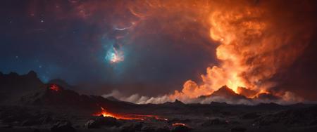 cinematic still frame of molten lava alien landscape, the surface is covered in molten lava, with active volcanoes spewing fiery eruptions and noxious gases, scorching hot (with a futuristic power plant in the background:1.2), nebula, aurora, constellation, galaxy, glowing, light, light particles, magic, milky way, shooting star, space, star, starry background, starry sky <lora:FusionDraw9257_Nebula_SDXL:1>, best quality, masterpiece, highres, 4k, 8k, realistic, dim lit, foggy, muted colors, hazy, vintage, analog style