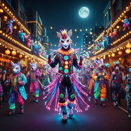 LED, colorful LED lights,
(focus on horses:1.5),
A vibrant festival parade at night, featuring a lead character in a dazzling neon-lit outfit glowing with pink, blue, green, and purple LED lights, intricate and flashy costume design, standing confidently in a full-body pose, capturing all attention. Behind them, a lively procession of diverse characters including animal-masked dancers, clowns, and performers adorned with star and moon motifs, all wearing colorful, glowing costumes. The background showcases a bustling night city with glowing lanterns and festive lights, a cheering crowd adding to the energetic atmosphere. The scene is vivid, cyberpunk-inspired, with highly detailed, dynamic, and colorful visuals.
8k, score_9, score_8_up, score_7_up,
masterpiece,realistic,ultra detailed, vibrant colors,photo-realistic,