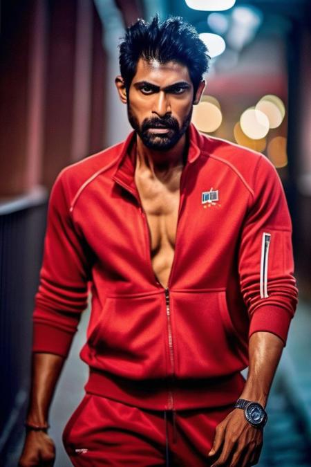 Sendhil Ramamurthy a man <lora:rana-daggubati_Sendhil-Ramamurthy:1>, realistic photo in a worn ((skin-revealing skimpy erotic red tracksuit, massive hairy pecs)), big pecs, big arms, bulge, VPL, ((light bokeh)), intricate, (steel metal [rust]), elegant, erotic, exuding sexual energy, homoerotic, sharp focus, photo by greg rutkowski, soft lighting, vibrant colors, (masterpiece), ((streets)), (detailed face), looking at viewer, light smile, night, walking towards viewer, cinematic lighting, beautiful lighting, cinematic lighting, (hazy filter, film grain:1.2)