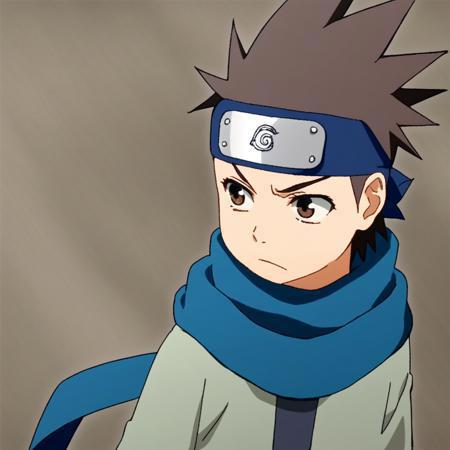 konohamaru, spiked hair, brown hair, forehead protector, konohagakure symbol, scarf