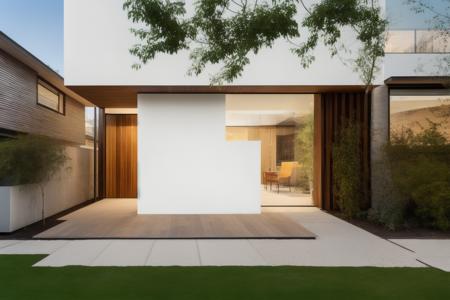 front view,building,house,glass,white wall and wood,outdoors,day,blue sky,tree,grass,pavement,plant,lighting,