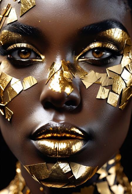 (masterpiece) An insanely detailed photo of an extremely beautiful and sensual black woman made out of gold broken pieces, with golden eyes, in the style of bio art, raw metallicity, black and white mastery, golden African influence, pure color, close-up, woman, stock photo, masterpiece, best quality, high quality, extremely detailed cg unity wallpaper 8k, scenery, award winning photography, hdr, trending artstation, trending cgsociety, intricate, high detail, cinematic lighting, beautiful woman, humanoid