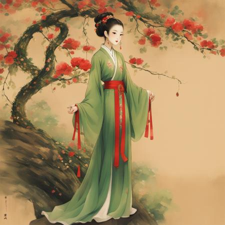 <lora:hannv:0.9>,LU,1girl,solo,flower,hanfu,black hair,red flower,chinese clothes,long sleeves,full body,hair ornament,wide sleeves,standing,branch,tree,sash,jewelry,hair bun,red lips,green dress,makeup,