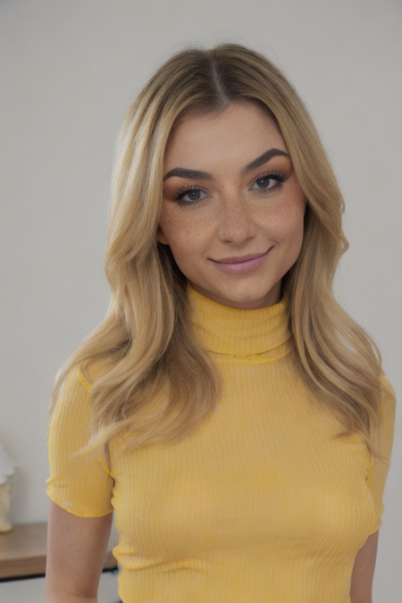 Photo of d3m1h4wk5 woman, detailed face freckless+, yellow turtleneck blouse,. sexy face