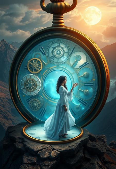 NO SUN IN THE SKY! Envision a surreal, top-down scene with an enormous ancient pocket watch standing upright, its cover open to reveal a magical portal glowing with mystical energy. Inside, intricate gears and finely wrought cogs interlock in a delicate dance, frozen in time. Ornate clock hands, suspended as if by magic, are etched with arcane symbols. Glowing runes pulse softly with inner light, intertwined with living vines. The scene is bathed in a bluish  ethereal glow from its center.
At the heart stands a lone figure—a young woman with porcelain skin and raven-black hair. Clad in a flowing white robe shimmering in the portal's light, she reaches out as if to touch the otherworldly aether. Her sapphire-like eyes reflect the portal's iridescent hues as she gazes into a breathtaking landscape: towering mountains, a cascading volcano, and a steaming river winding through charred forests.
The pocket watch rests on an obsidian floor, its polished surface mirroring glowing runes and distant portal light. Above, a crescent moon casts a silvery glow, while stars twinkle like distant jewels. Deep reds and blues contrast with the portal's warm light, enhanced by reflective volumetric lighting. The mood is dark, filled with adventure and wonder, drawing viewers into the hidden, magical world within the clock’s ancient mechanisms, guided by the woman's presence.