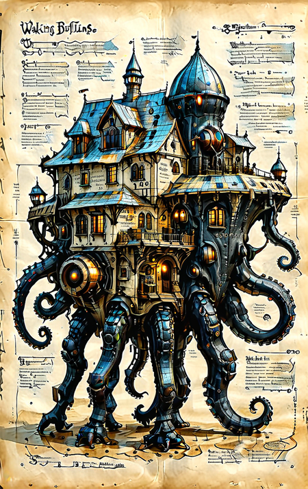 An illustrated medieval old worn page of (walking building octopus, science fiction, standing, Walking vehicle, black paint), text is Old English and Gothic, parchment page, intricate details, muted colors, high resolution, best quality, fantasy vibe
(ultra sharp focus:1.8), (thin lines:1.8), (best quality:1.8), (((sharp focus))), reflections,
<lora:MJ52:0.8> <lora:ParchartXL_CODA:1>
<lora:Apparatus_-_Traction_City_Walkers_Vehicles:0.8>,