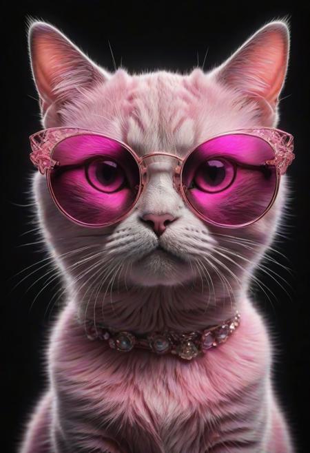 (best quality, 8K, high resolution, masterpiece), ultra detailed, (3D CGI), a beautiful pair of sunglasses, trendy, fashionable, pink, silver and black stylized Cat-eye shape, on a black background, countryside advertising, winning photo,