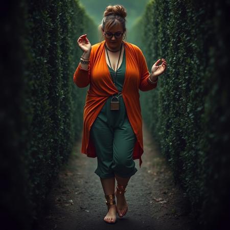 Cinematic masterpiece of a Plus size older Scottish woman glasses light brown curly bun Orange draping cardigan. green linen high cut romper hugs her curvy thick thighs. . Brass Shackles with glowing runes etching on the bands are locked on her ankles. She steps barefoot carefully navigates the hedge maze in the darknessbondage, collar, hands up, padlock, standing, hud_r1g1dstockcuff,