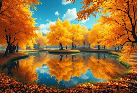 Stunning detail reflection of golden and orange katsura trees around a natural round lake, autumn, realistic, wide shot, art style of Studio Ghibli, magical, whimsical atmosphere, vibrant colors, beautifully lit, serene landscape