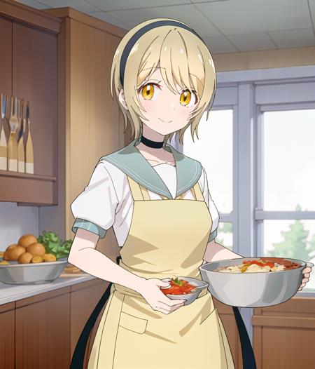 takaragi_haruno, solo, 1girl, smile, apron, short sleeves, closed mouth, white shirt, choker, indoors, mixing bowl, cooking, black hairband, holding bowl, blurry background, sailor shirt, window, cowboy shot, looking at viewer, kitchen, 
<lora:hoshikuzu-diag_oft-bundle-30000:1:1>, <lora:kohakuV5_rev2:0.6>, <lora:linneamix_v74:0.3>