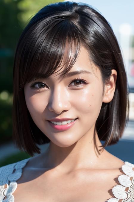 inami,black top,(8k, best quality, masterpiece:1.2),(intricate details:1.4),(photorealistic:1.4),octane render, complex 3d render ultra detailed, studio soft light, rim light, vibrant details, ultra detailed, realistic skin texture, detailed face,(smile:1.2), extremely detailed CG unity 8k wallpaper, makeup,(detailed random background:1.2),(half body), <lora:inamianju:0.7>