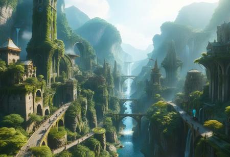 Wide angle view from high above. A huge, grand, majestic, sprawling fantasy cityscape built along a mountainside with waterfalls and arch shaped bridges. Sprawling high fantasy city with multiple intricate towers, aqueducts, and flying bridges connecting distant districts of the city. The city is surrounded by lush greenery and deep forests on the mountainside.