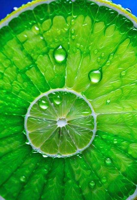 Stunning close-up photograph of a vibrant lime slice, showcasing the beauty of the fruit's green flesh and the allure of its glistening water droplets. The image captures the essence of the lime in breathtaking detail, highlighting its refreshing and organic nature. The photograph is a work of art in itself, with a rich green color palette and a stunning display of liquid textures that create a sense of movement and energy. This photorealistic image invites viewers to appreciate the simple beauty of the lime and the artistry of macro photography.