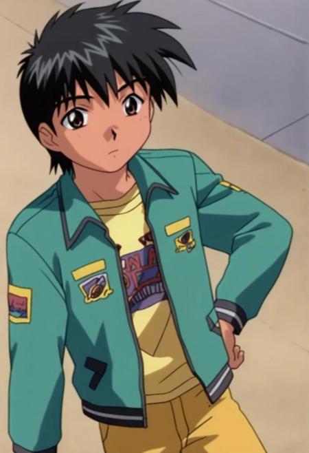 Hajime Aoyama, Black Hair, Brown Eyes Green Jacket, Yellow T-Shirt, Khaki Pants  Red and Yellow Jacket, Blue Shirt 1990s Anime, Retro Anime Style