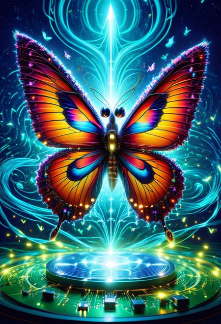 masterpiece, high quality, detailed Pointillism, ultra-high resolution, volumetric lighting, very aesthetic,, made of Circuit Board, wires, eletric componnents, surrealism,  A (antho butterfly tech wizard:1.5) dancing on a cloud Circuit Board, nostalgic ambiance, vibrant digital illustration, dark atmosphere, fantasy, mystic, butterfly Style, butterfly tech