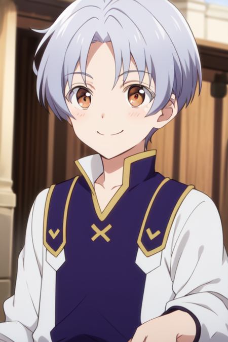 pastry,1boy,solo,male focus,grey hair,brown eyes,upper body,smile,