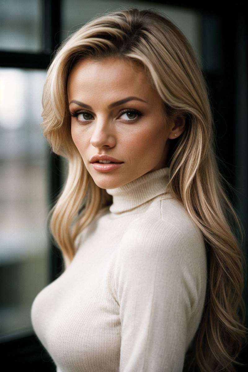 photo of beautiful (P4m3l4And3rs0n_HM-136:0.99), a woman, perfect hair, (modern photo), wearing turtleneck sweater and max...