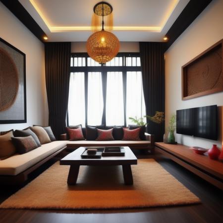 living room in modern flat, Southeast Asia style, <lora:Southeast_Asia_living_room:0.8>, fan