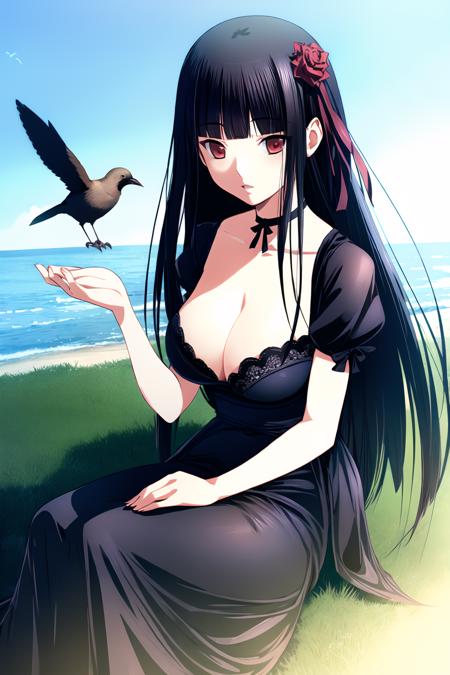 ((masterpiece, high quality, best quality)),
1girl, large breasts, cleavage, long hair, bird, red eyes, black hair, black dress, choker, flower, bird on hand, sitting, gothic, hair ornament, hime cut, ribbon, outdoors,
<lora:mm-style_v1.0:1.0>