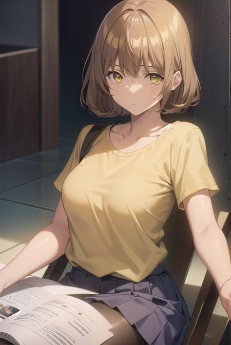 aokiyuriko, <lora:aokiyuriko-lora-nochekaiser:1>, 
aoki yuriko, short hair, brown hair, bangs, (yellow eyes:1.5), glasses,
BREAK skirt, shirt, short sleeves, pantyhose, black pantyhose, frills,
BREAK looking at viewer, 
BREAK indoors,
BREAK <lyco:GoodHands-beta2:1>, (masterpiece:1.2), best quality, high resolution, unity 8k wallpaper, (illustration:0.8), (beautiful detailed eyes:1.6), extremely detailed face, perfect lighting, extremely detailed CG, (perfect hands, perfect anatomy),