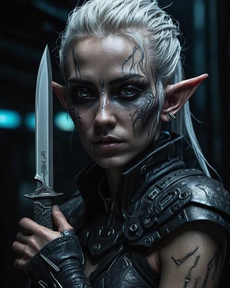 hyperrealistic,intricate artwork, dark and haunting cyberpunk elf emerging from the shadows, knife in the arm, eyes piercing through the darkness