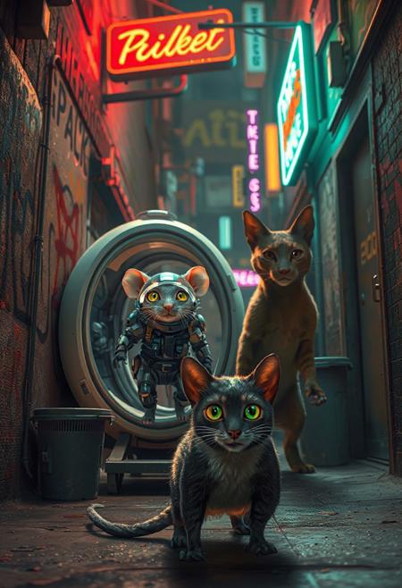 Two tiny mice, dressed in high-tech, advanced spacesuits with glowing visors and futuristic gadgets, are stepping out of a small, sleek alien spacecraft. Their faces are lit with excitement and wonder as they eagerly anticipate meeting Earth's inhabitants. However, they’ve mistakenly landed in a gritty, dimly lit urban alleyway with a few neon signs casting light . The walls are covered in graffiti, and trash bins line the narrow space. Emerging from the shadows, an alley cat with a muscular physique, sleek fur and piercing gold and green eyes is poised to pounce, toward the unsuspecting mice. The scene is illuminated by a flickering streetlight neon and neon signs, casting eerie shadows across the alley., architecture, fashion, poster, 3d render