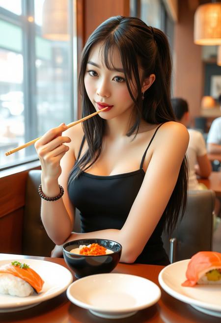 Girl eating sushi in a restaurant, with black tight dress