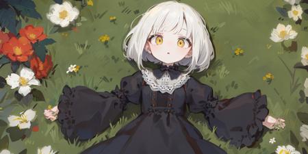 Cinematic, Fancy effects, Petite, Intricate details, Solo, 1 girl, Small girl, (White hair + Curved bob : 1.2), Detailed yellow eyes, Large hip, Black gothic dress, Lying, Flower garden, (Close up on face:1.0), Ultra wide shot