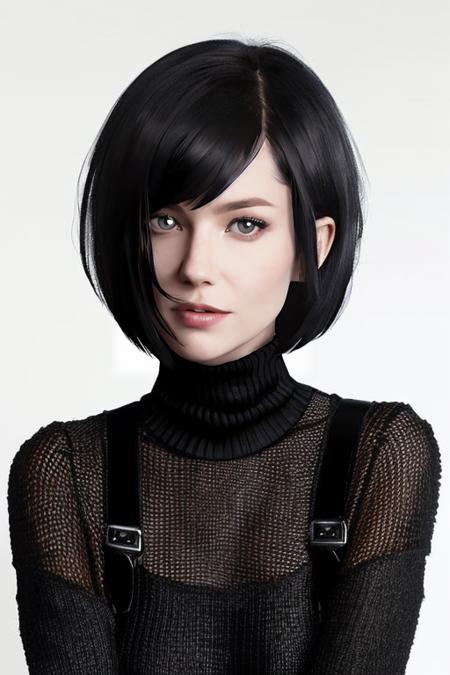 portrait of the wo_ebloom01 with (black bob short hair:1.2), wearing a black turtleneck sweater, white background style of Kelly Sue DeConnick,<lora:woEbloom01:1>