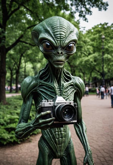 Photograph of an extremely creepy alien who has an old 35mm camera, the alien is taking tourism photos in the city park!
BREAK
,((uhd, 8k photograph taken with Sony A7R III, 1/30sec at f/5.6, ISO 20,000, 12-24mm f/4 at 12mm, slow shutter speed to capture motion blur, fear evoking angles, cinematic horror lighting, frightening shadows, perfect composition, award winning featured photograph, full-length photograph))
ng_deepnegative_v1_75t, epiCRealism, Ellis-RealismBoost