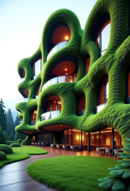 A vibrant, imaginative architectural masterpiece building made out of fir needles. The building flows with fluid lines and unexpected angles, creating a sense of movement and energy.
Incorporate large, open spaces filled with natural light. The exterior should be a striking visual statement, blending fir needles greenery with sleek, modern metal and glass surfaces, giving the impression that the building is alive and growing.
The overall design should be a breathtaking blend of art and architecture, where every detail serves both aesthetic and functional purposes in a fir needle style