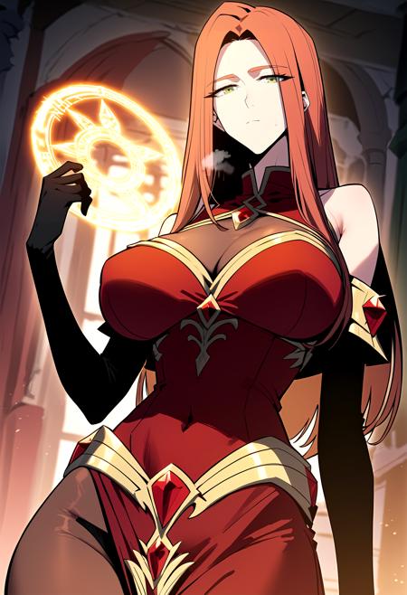 long hair, red hair, green eyes black jacket, turtleneck, white sweater, black skirt, pencil skirt gem, red dress, bare shoulders, cleavage, cleavage cutout, see-through, sleeveless, elbow gloves, black gloves, covered navel, detached sleeves, pelvic curtain, pantyhose