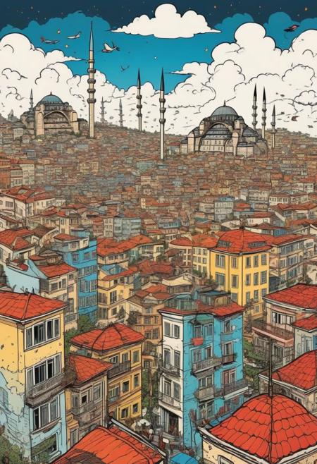 Chaotic stunning istanbul city, skyline, illustrated by herg, style of tin tin comics, pen and ink. vintage 90's anime style, colorful clouds, symmetric