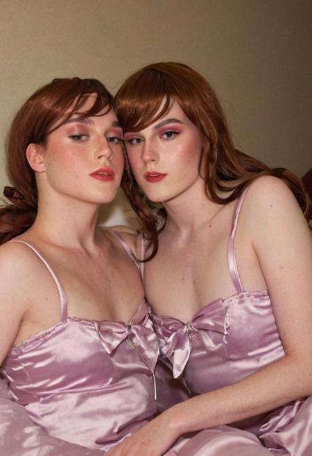 two cute skinny crossdressers, light freckles, slight smile, (lesbian kissing:2)
high contrast flash photography, night time, lying down in bed, cheap motel, body hair
(light makeup:1.2)
loose (satin:2) chemises, ribbons, lace trim