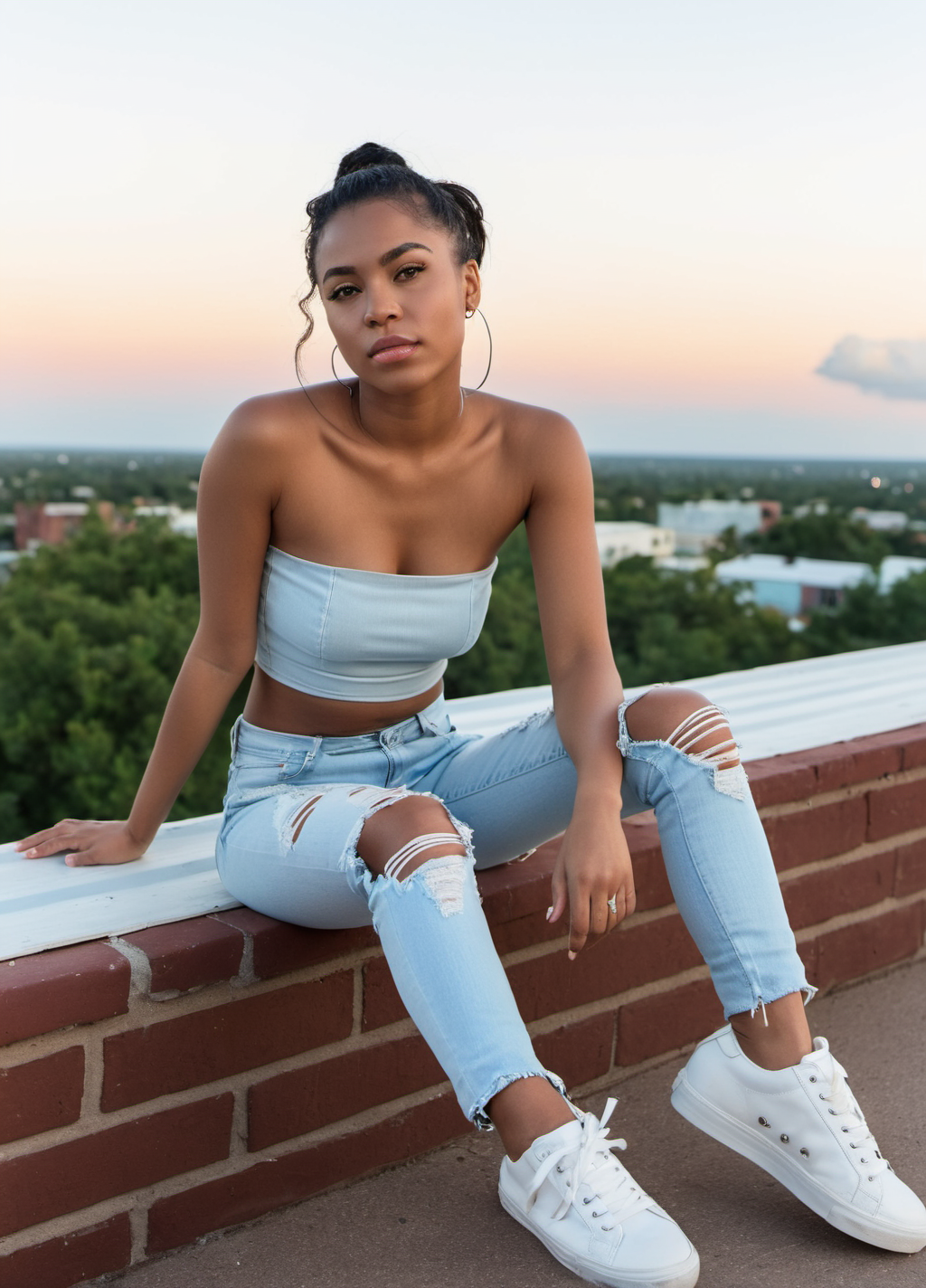 seated with one leg extended and the other bent, hand resting on her thigh. She faces the camera, wearing a strapless crop top and light blue distressed jeans, paired with white sneakers. She gazes directly at the viewer with a composed expression. The outdoor lighting is soft and warm, with a clear sky and subtle clouds in the background.