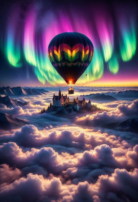 lazympos, morph-aurora, night, above clouds, hot air balloon, aurora
