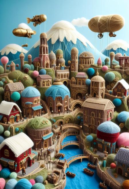 A bustling steampunk city crafted entirely from gears and yarn, brass machinery wrapped in soft fibers, airships made of woven fabric floating through a knitted sky â yrnwrld, steampunk, highly detailed, unique textile aesthetic <lora:sd_xl_dpo_lora_v1:0.1> <lora:MJ52:0.1> <lora:Yarnworld-000017:1.0>